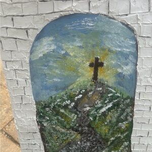 Hand-Painted Cross Hill Wall Art - Blue and Green